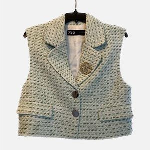Zara Green & White Tweed Cropped Vest